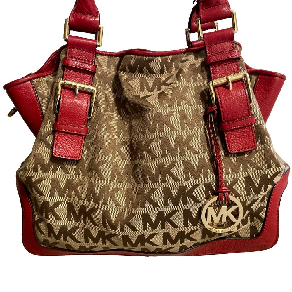 VINTAGE MICHAEL KORS Beige/Red Canvas Brookville tote handbag
